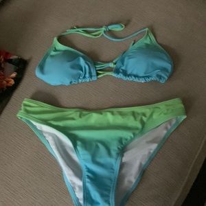 Green and teal two piece bathing suit